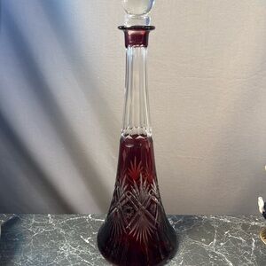 Vintage Bohemian Cranberry to Clear Cut Glass Crystal Decanter with Stopper